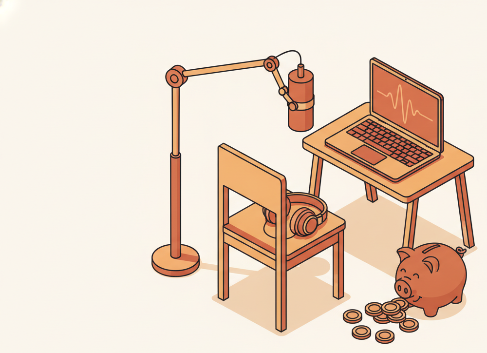 Isometric illustration of a podcast recording setup with a microphone on a boom arm over an empty chair, headphones on the seat, a laptop showing a soundwave, and an empty piggy bank on its side nearby.