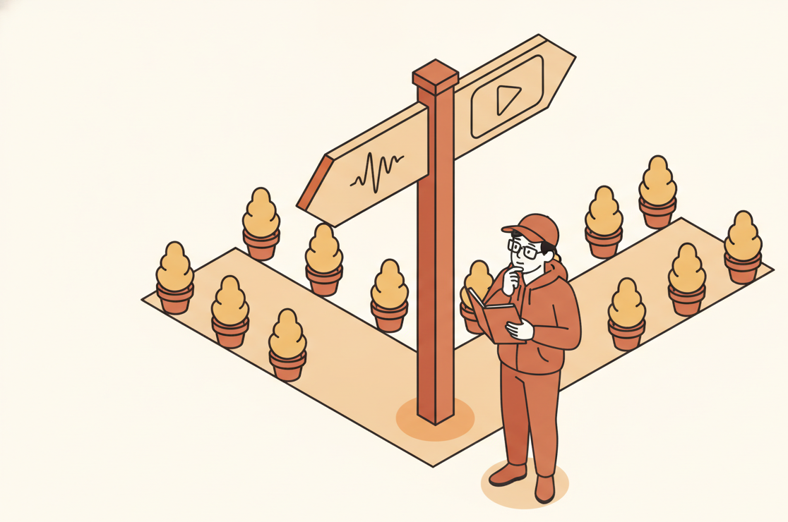 Isometric illustration of a signpost at a fork with two arrows, one showing a soundwave and one showing a play button, with a figure studying a notebook underneath.