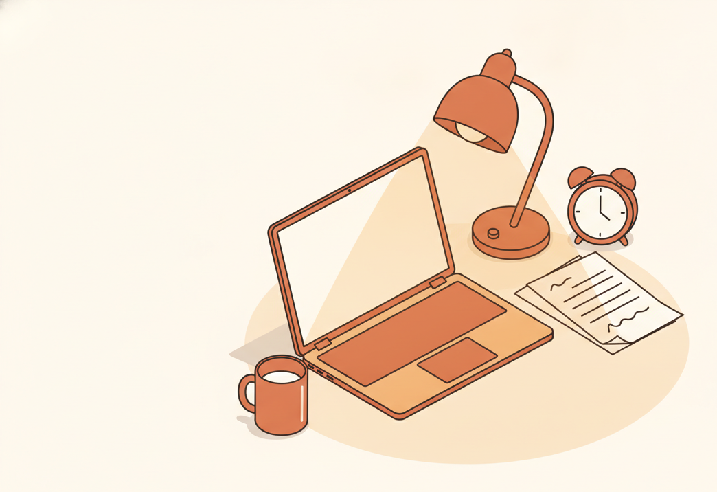 Isometric illustration of a late-night freelance writer's desk with an open laptop, a desk lamp, a coffee mug, a stack of draft pages, and a clock showing late hours.