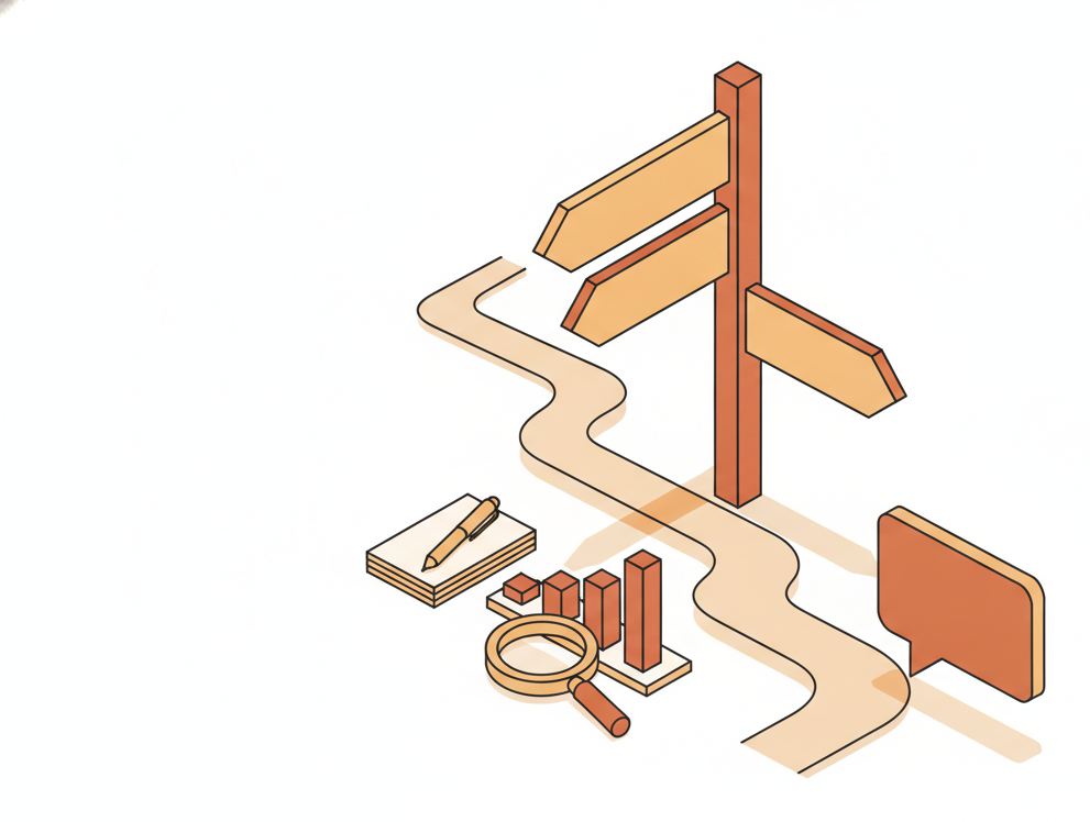 Isometric illustration of a signpost at a fork in a path, with a notebook, magnifying glass, bar chart, and speech bubble representing three different directions a writer could take.
