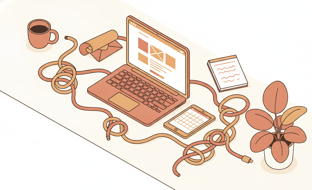 Isometric illustration of a desk with a laptop, tablet, and envelope-shaped mail icon all connected by a tangled knot of cables, representing disconnected software tools.