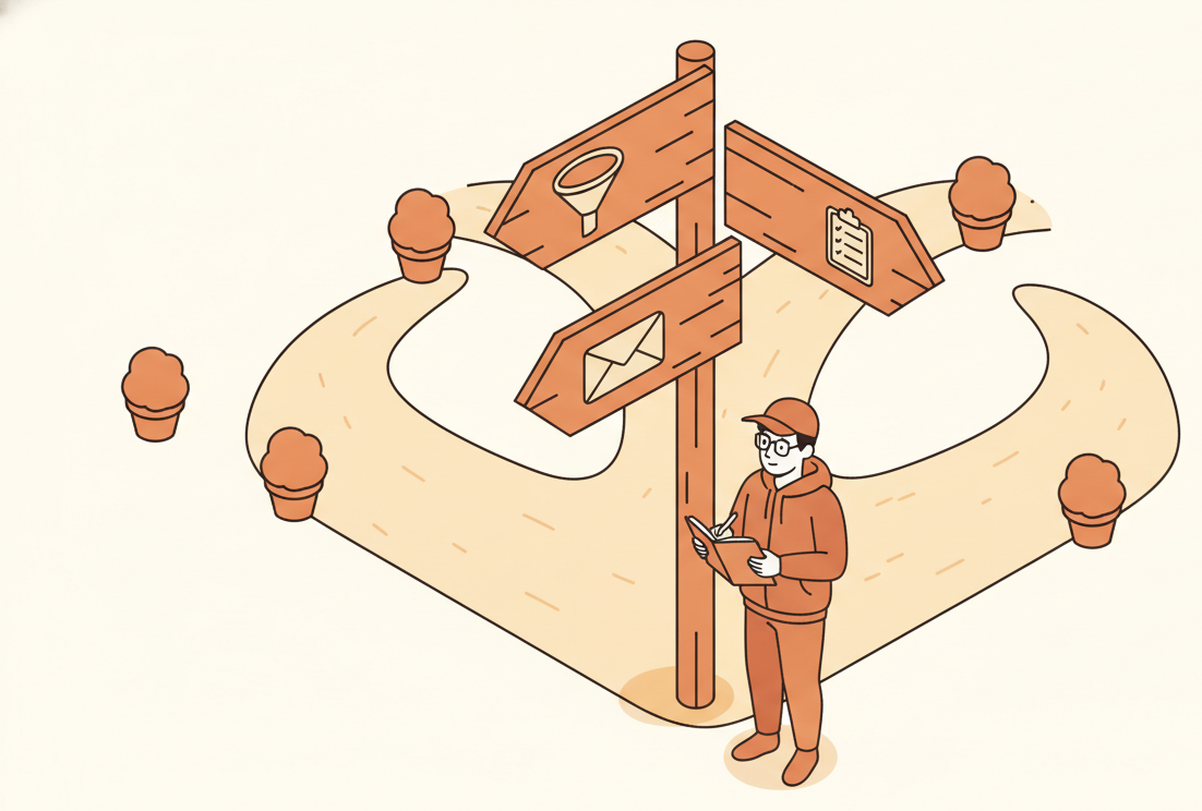 Isometric illustration of a signpost at a fork in a path with three arrow signs showing a funnel, an envelope, and a checklist, with a figure studying a notebook underneath.
