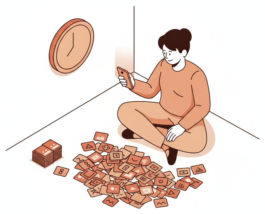 Isometric illustration of a person sitting on the floor late at night holding a phone, surrounded by a large messy pile of image cards still waiting to be posted one at a time, with a wall clock showing late hours.