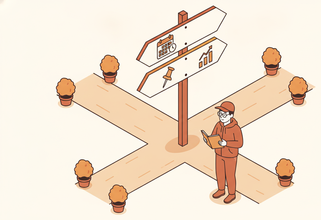 Isometric illustration of a signpost at a crossroads with arrow panels showing a calendar and clock, a thumbtack, and a bar chart, with a figure studying a notebook underneath.