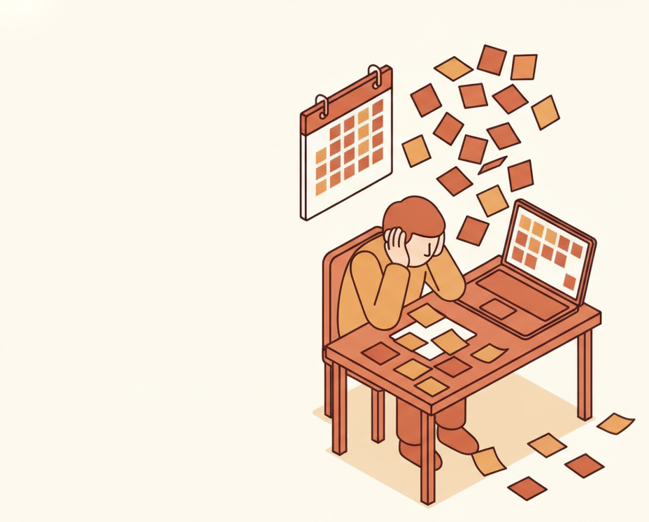 Isometric illustration of a person at a desk with their head in their hands, surrounded by dozens of scattered task cards and sticky notes floating chaotically above a cluttered desk.