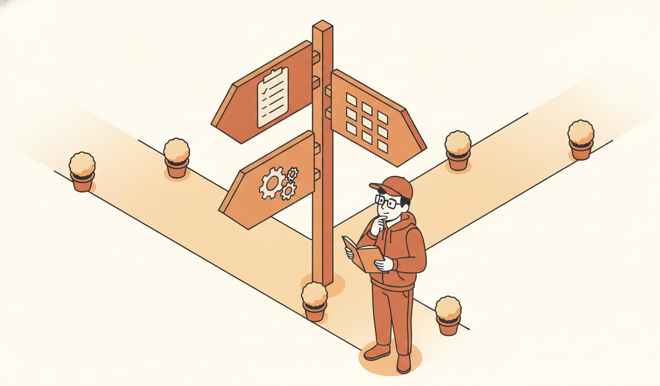 Isometric illustration of a signpost at a fork in a path with three arrow signs showing a checklist, a kanban board, and a cluster of gears, with a figure studying a notebook underneath.